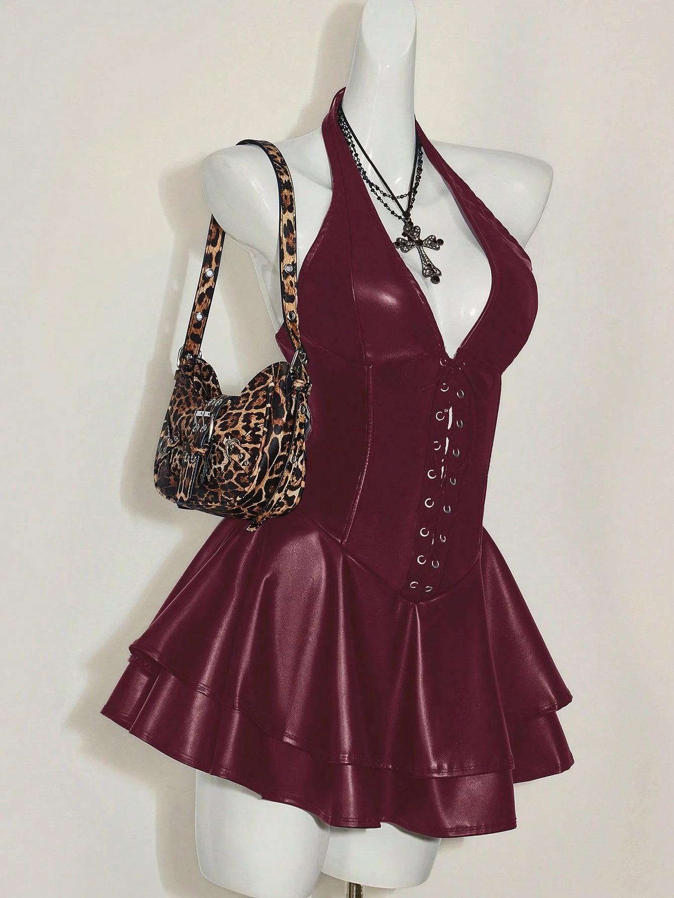 SHEIN ICON Y2K Gothic PU Leather Halter Mini Dress – Open Back Cross Strap Club & Festival Outfit
