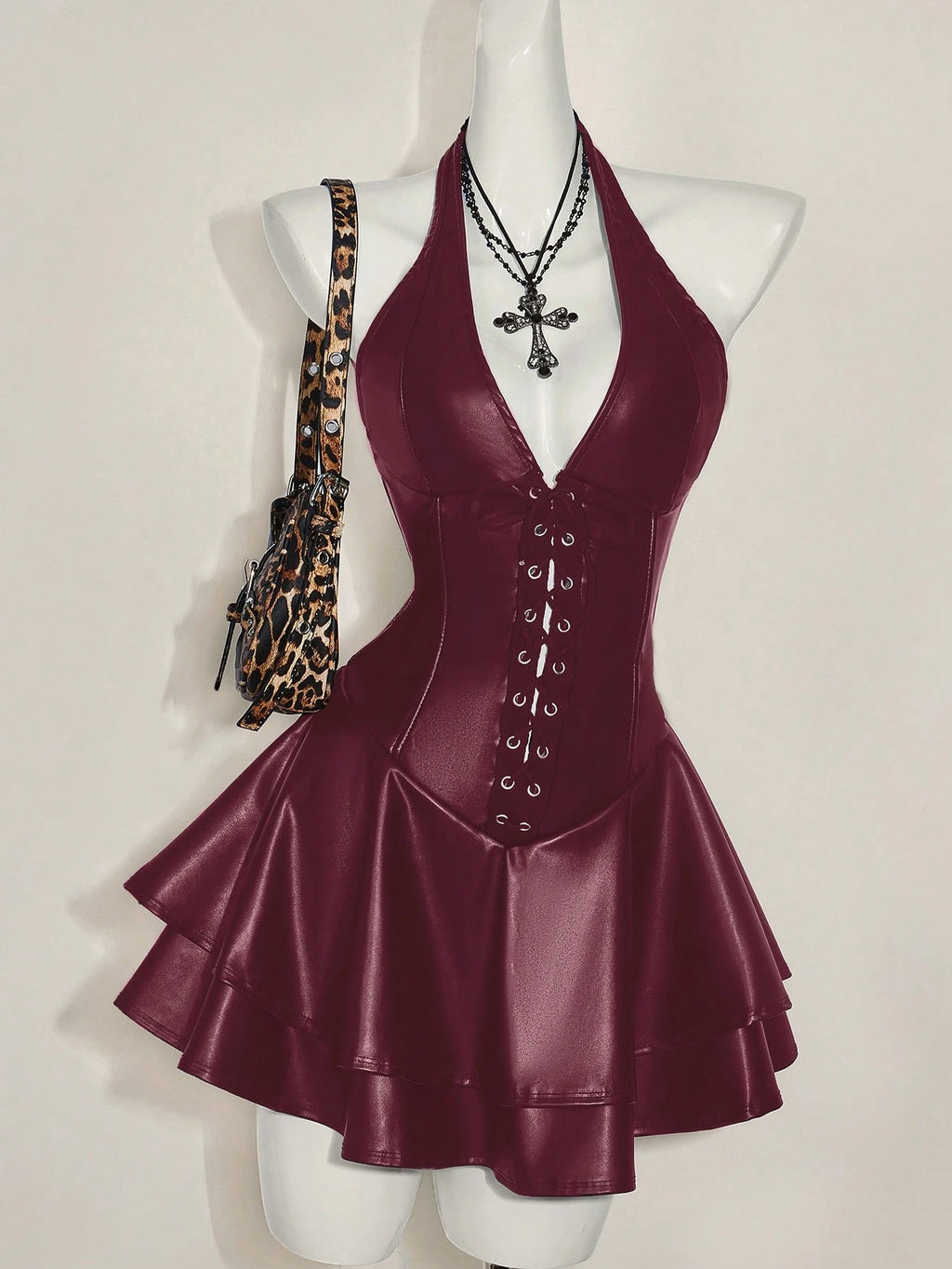 SHEIN ICON Y2K Gothic PU Leather Halter Mini Dress – Open Back Cross Strap Club & Festival Outfit