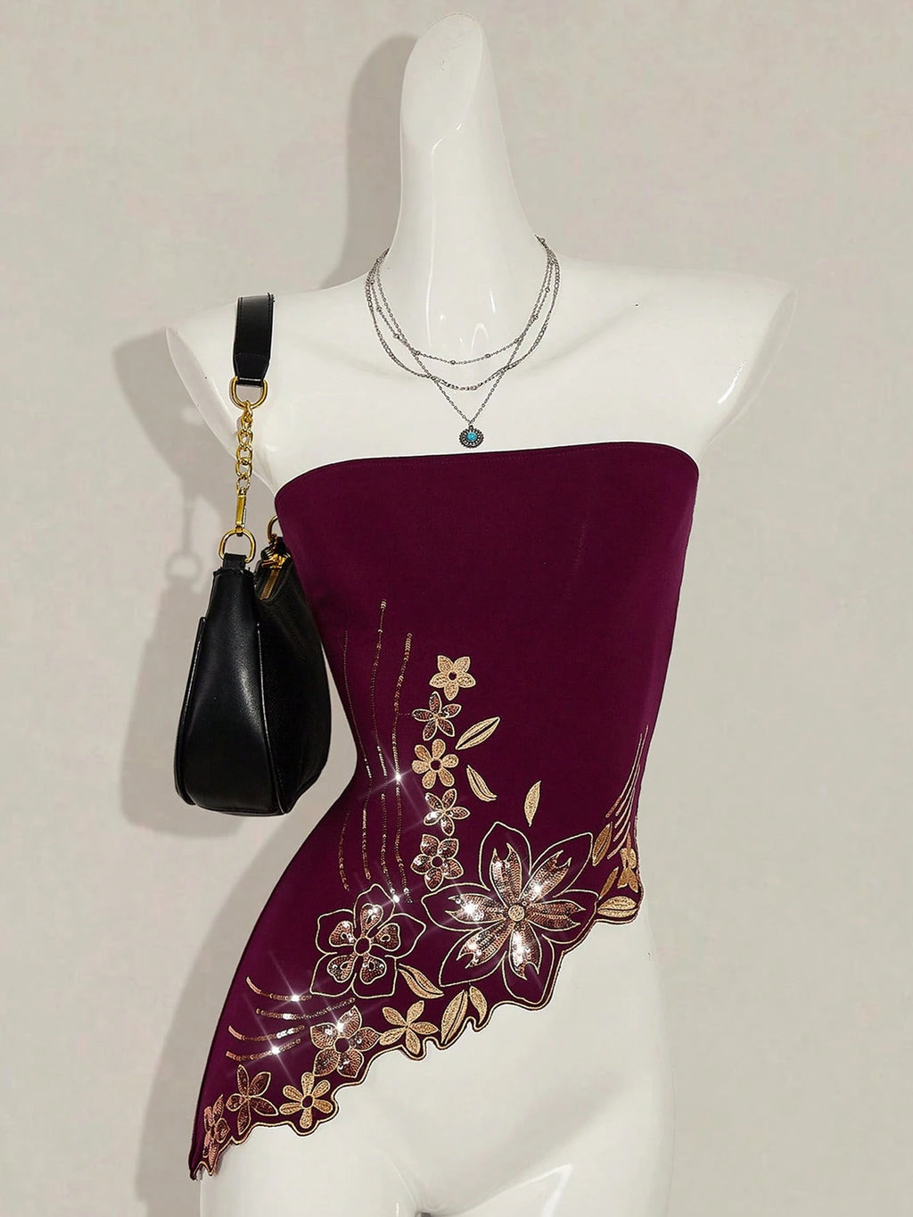 Y2K Glitter Sequin Bandeau Top – Vintage Boho Embroidered Asymmetric Hem Going Out Top for Women