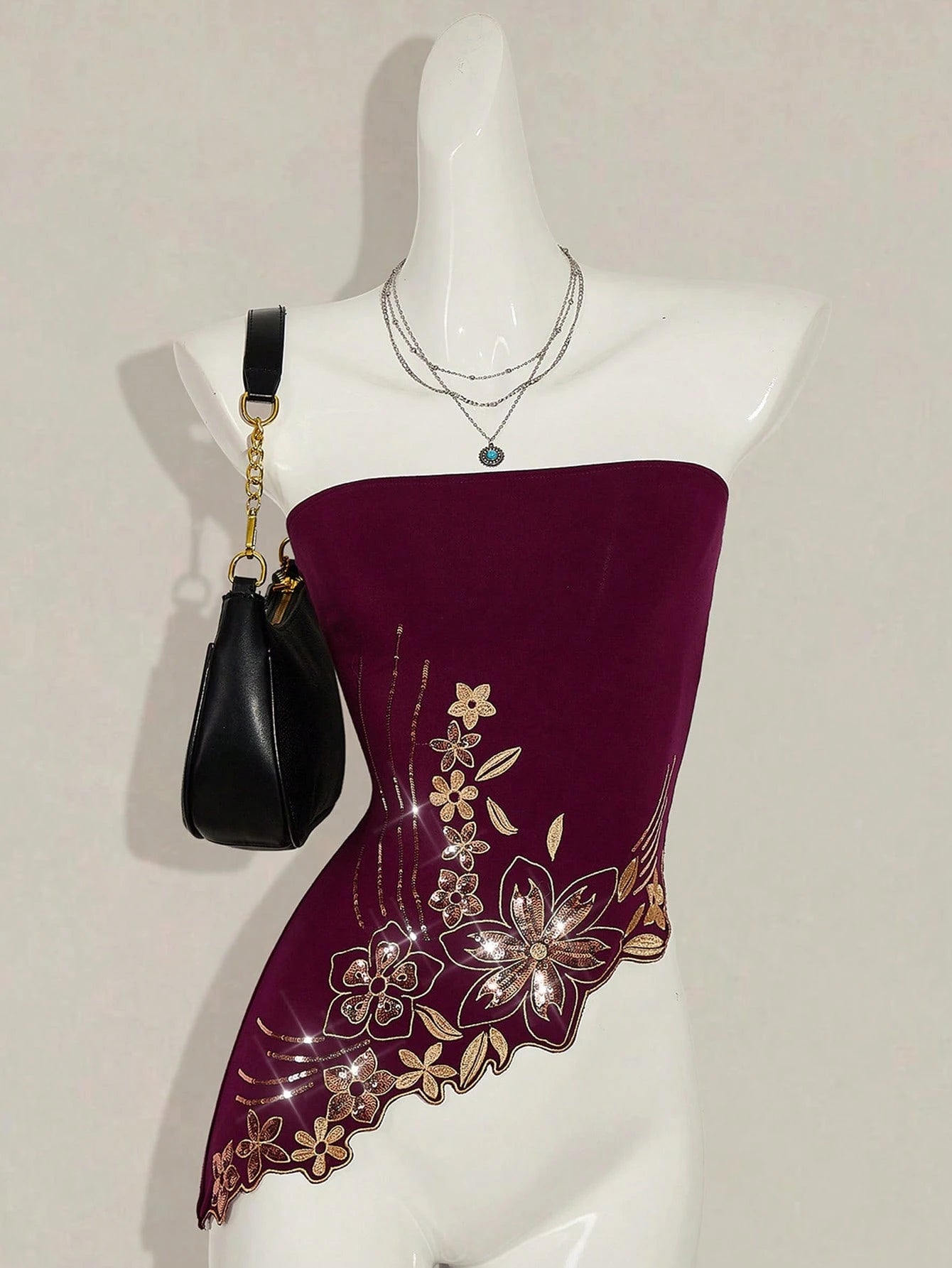 Y2K Glitter Sequin Bandeau Top – Vintage Boho Embroidered Asymmetric Hem Going Out Top for Women