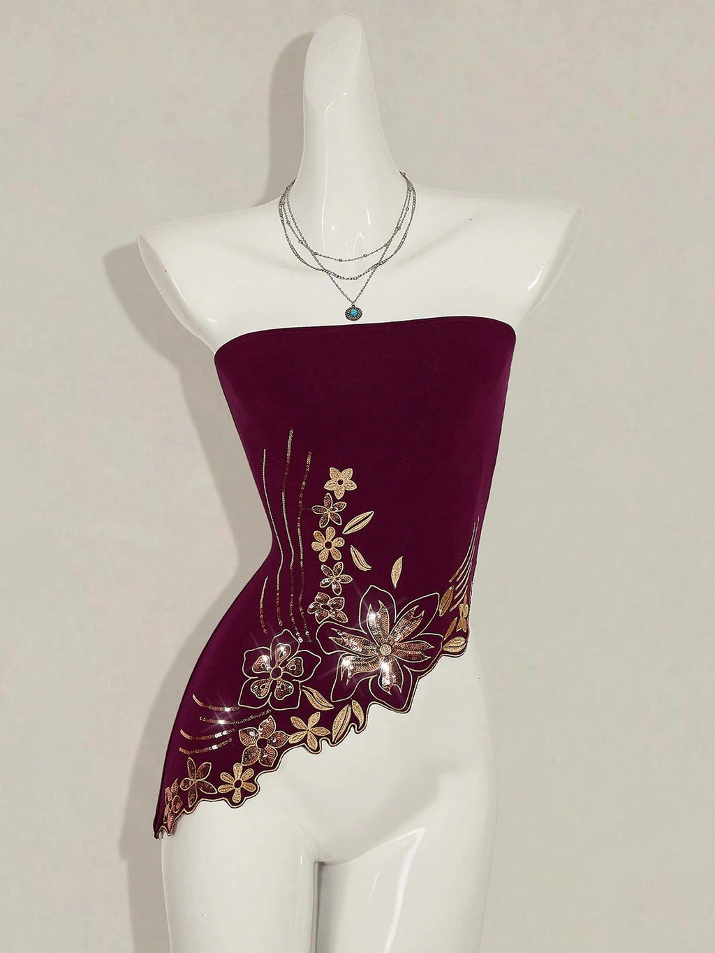 Y2K Glitter Sequin Bandeau Top – Vintage Boho Embroidered Asymmetric Hem Going Out Top for Women