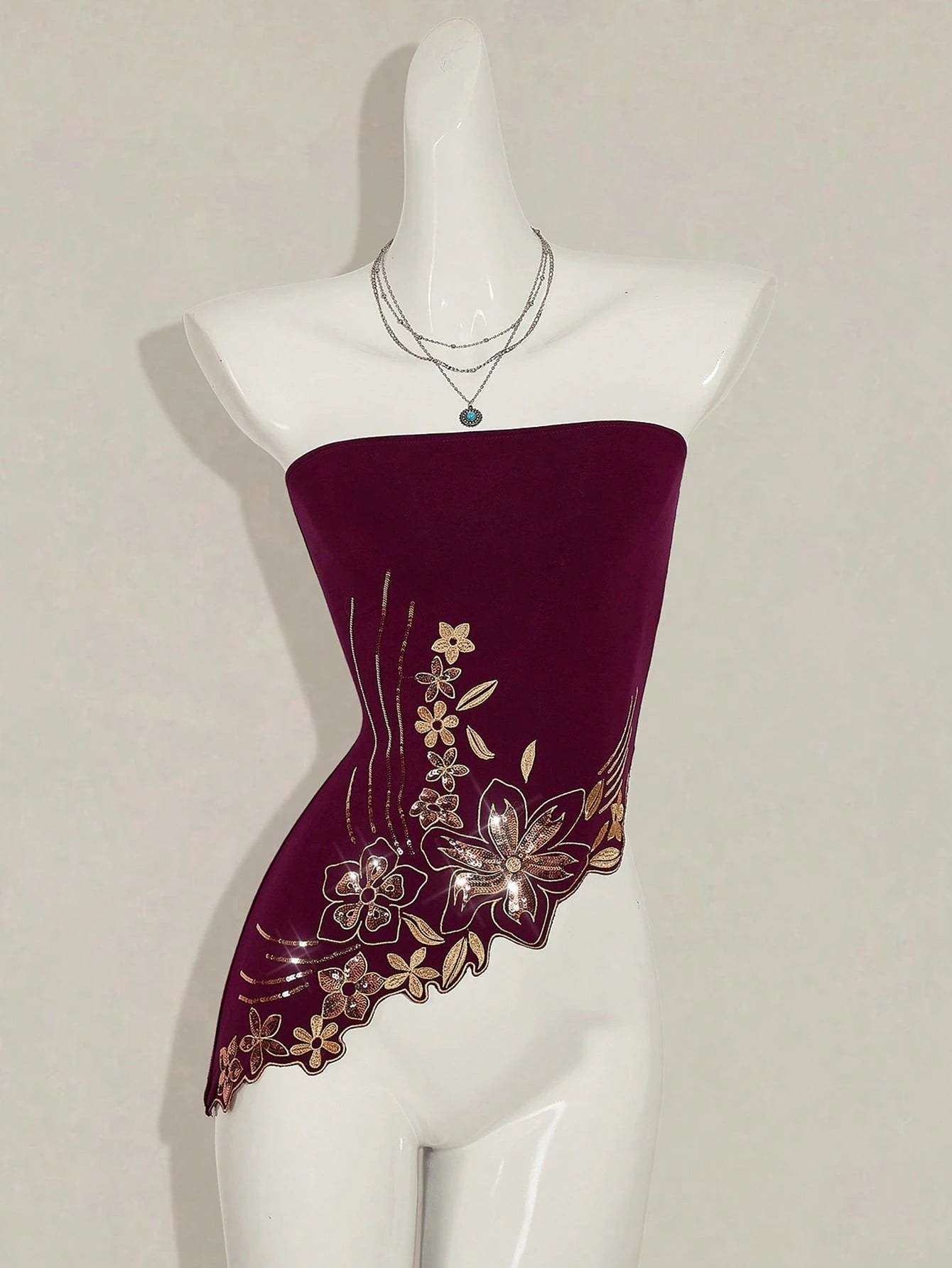 Y2K Glitter Sequin Bandeau Top – Vintage Boho Embroidered Asymmetric Hem Going Out Top for Women