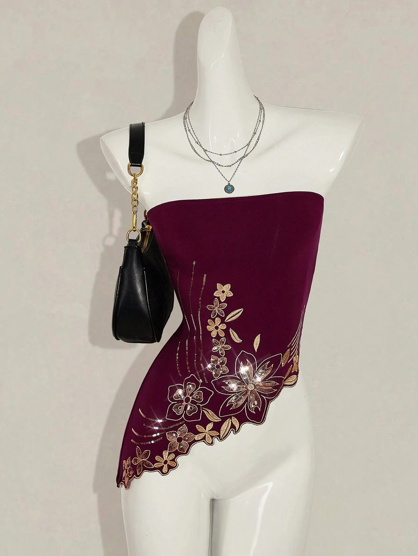 Y2K Glitter Sequin Bandeau Top – Vintage Boho Embroidered Asymmetric Hem Going Out Top for Women