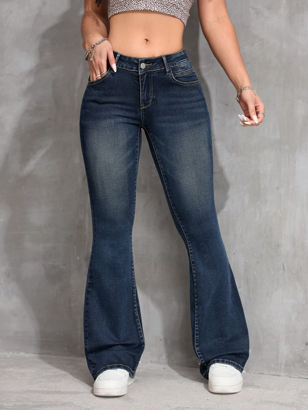SHEIN PETITE Front Button Flared Jeans – Casual Y2K Denim Pants for Women Everyday Wear