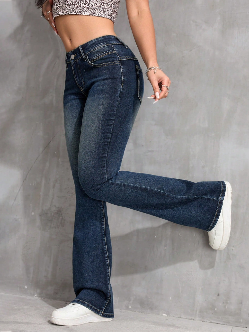 SHEIN PETITE Front Button Flared Jeans – Casual Y2K Denim Pants for Women Everyday Wear