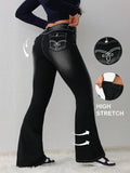 Tall Women’s High Waist Flared Skinny Jeans – Black Stretch Bootcut Leggings Pants