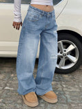 Women’s Low Rise Ripped Straight Leg Jeans – Loose Fit Streetwear Casual Denim Cowgirl Pants