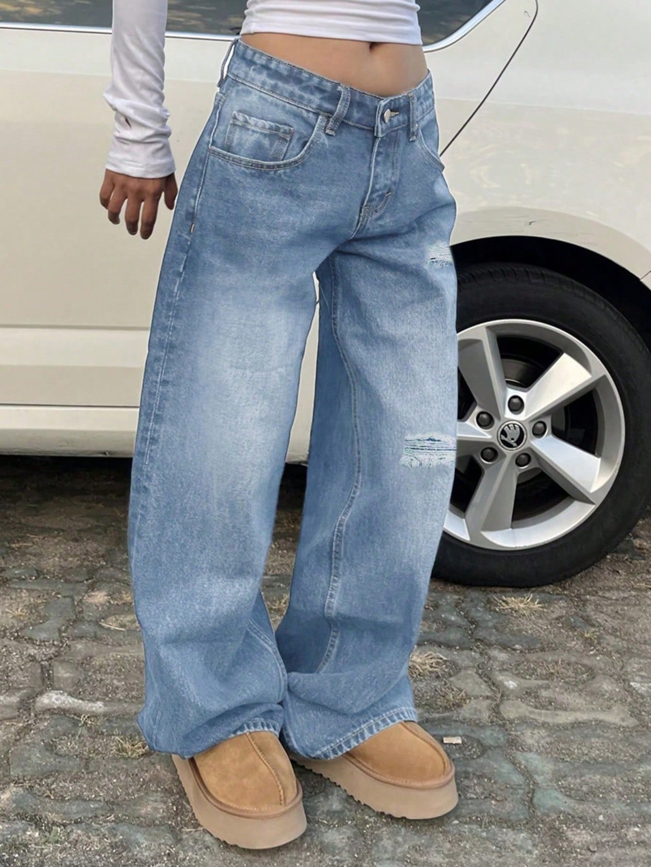 Women’s Low Rise Ripped Straight Leg Jeans – Loose Fit Streetwear Casual Denim Cowgirl Pants