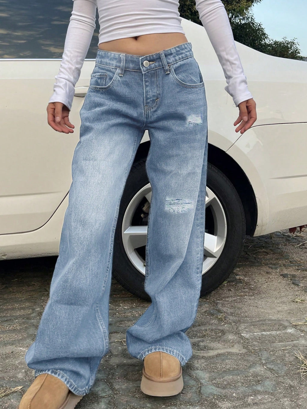 Women’s Low Rise Ripped Straight Leg Jeans – Loose Fit Streetwear Casual Denim Cowgirl Pants
