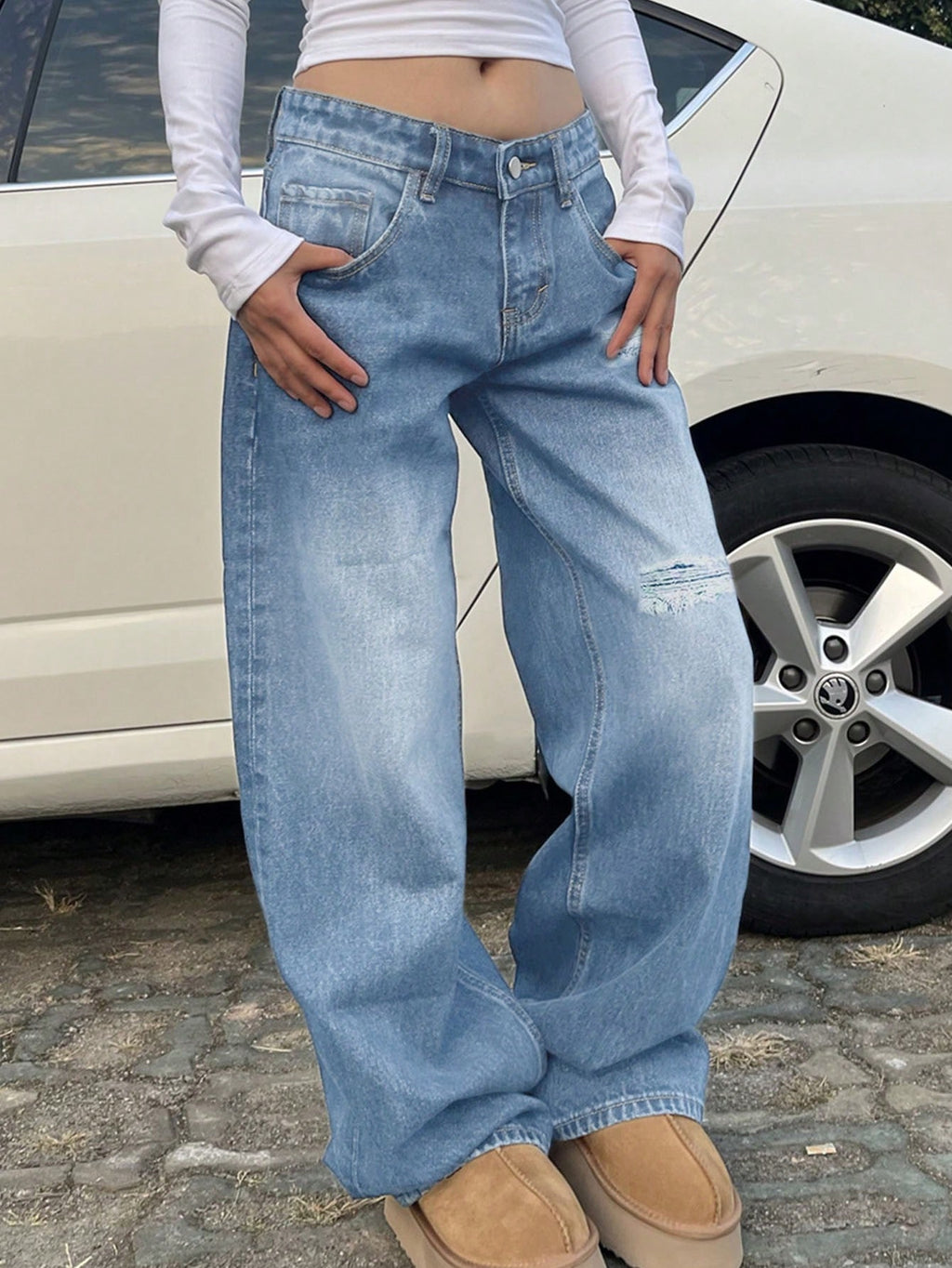 Women’s Low Rise Ripped Straight Leg Jeans – Loose Fit Streetwear Casual Denim Cowgirl Pants