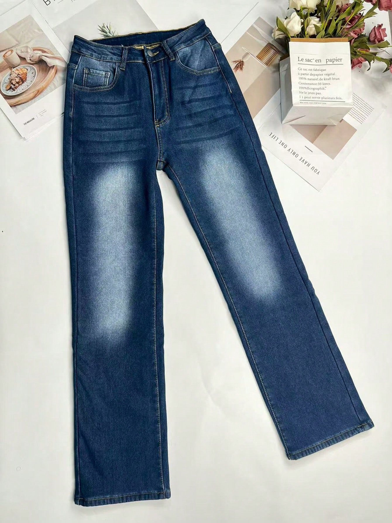 Women’s Winter Thermal Lined Straight Leg Jeans – Warm Fleece Lined High Waist Denim Pants