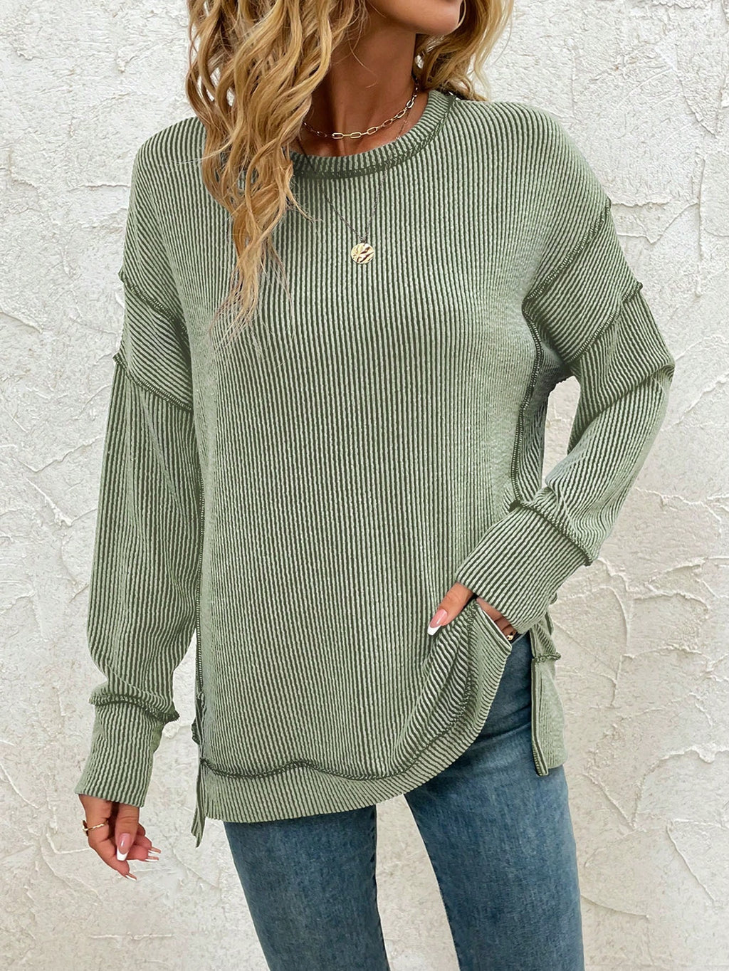Women’s Long Sleeve Ribbed Tunic Sweatshirt – Oversized Loose Fit Side Slit Casual Fall Top