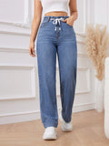 Women’s Blue Drawstring Straight Leg Jeans – Casual High Waist Denim with Belt Loops