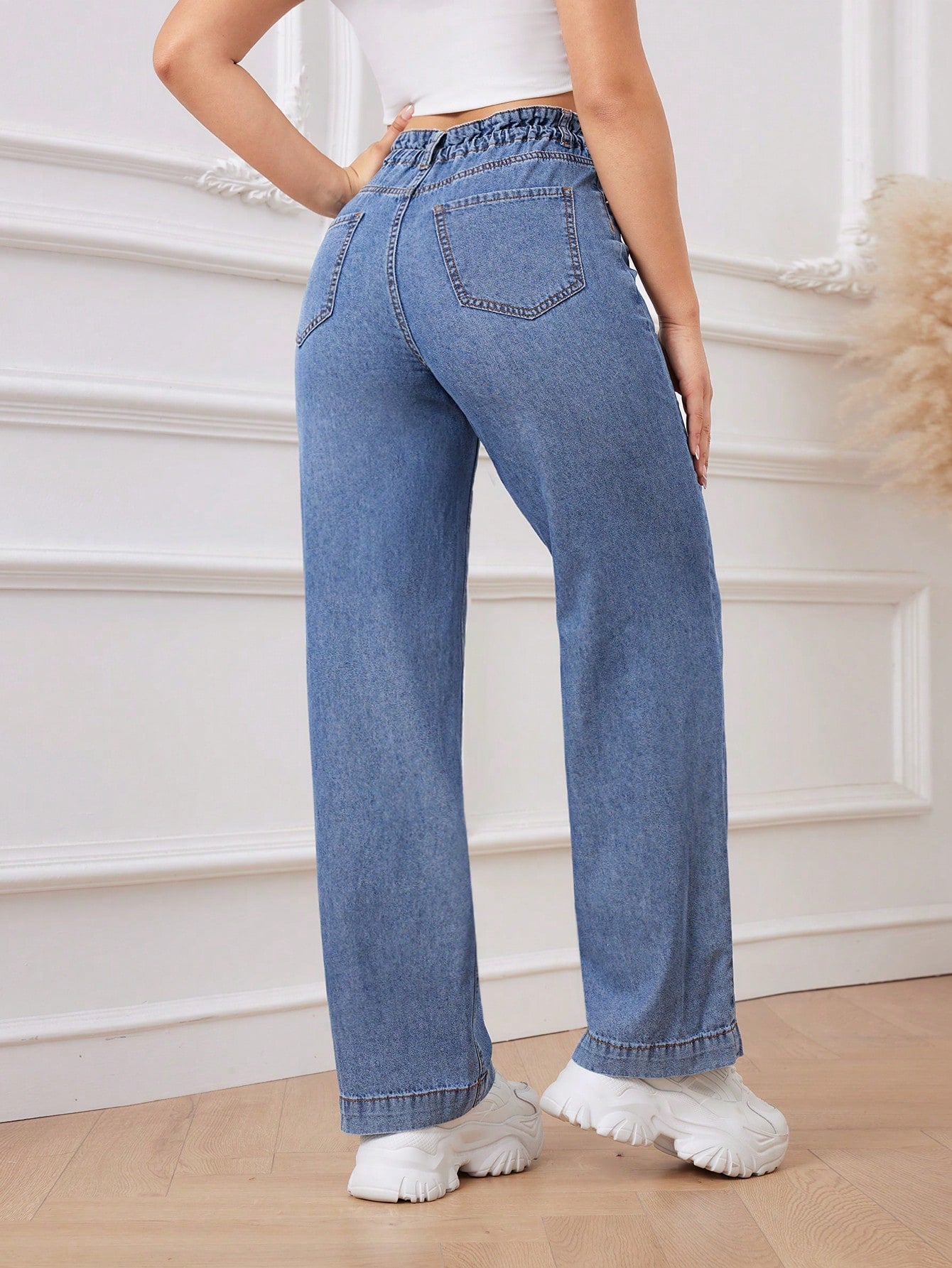 Women’s Blue Drawstring Straight Leg Jeans – Casual High Waist Denim with Belt Loops