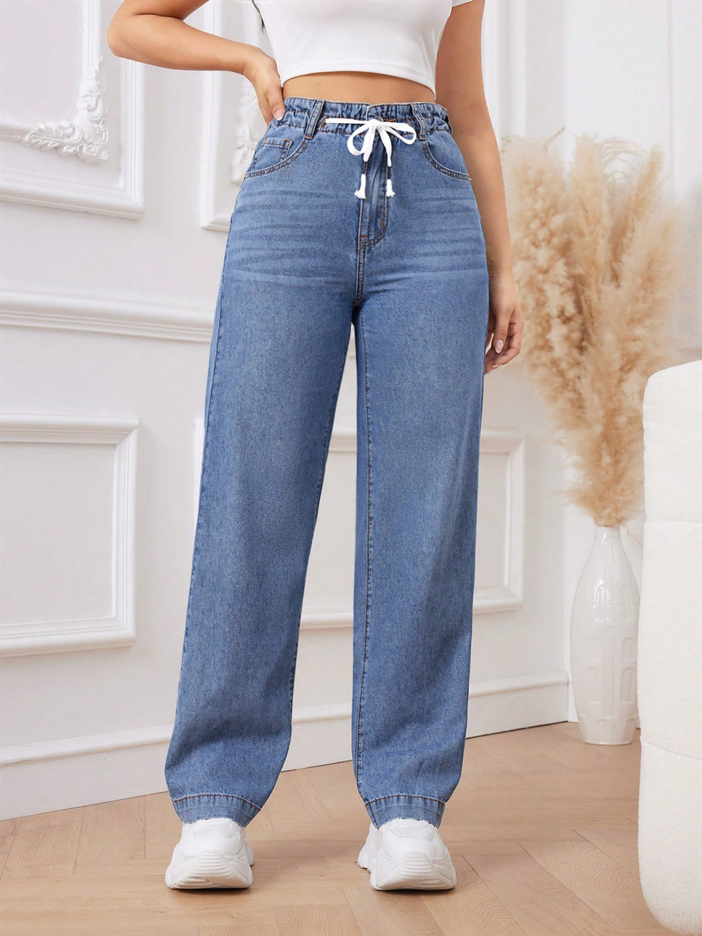 Women’s Blue Drawstring Straight Leg Jeans – Casual High Waist Denim with Belt Loops