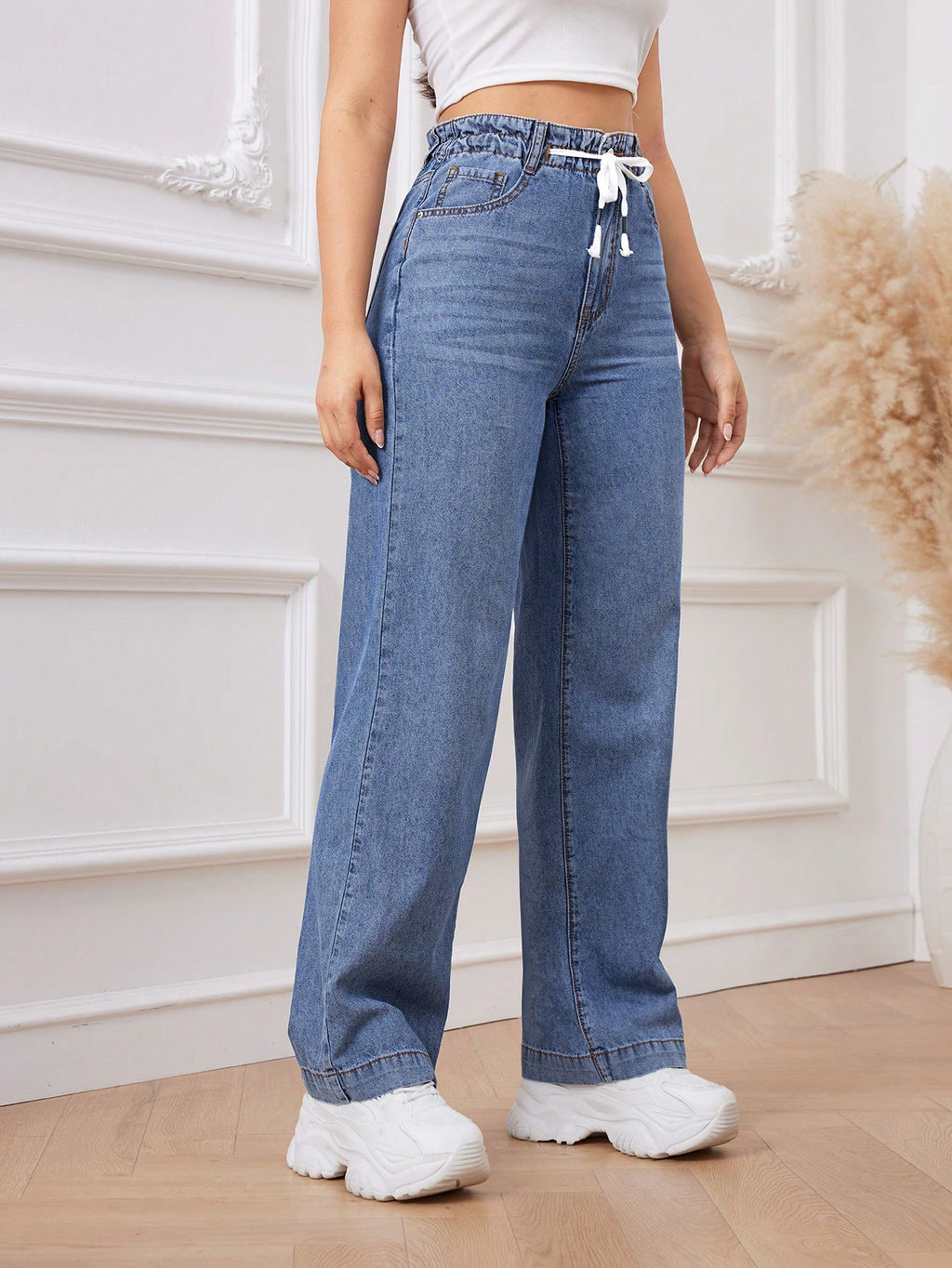 Women’s Blue Drawstring Straight Leg Jeans – Casual High Waist Denim with Belt Loops