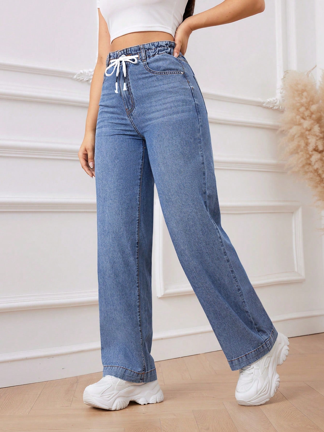 Women’s Blue Drawstring Straight Leg Jeans – Casual High Waist Denim with Belt Loops