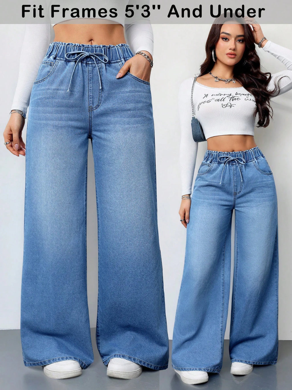 Women’s Wide-Leg Summer Jeans – Elastic Waist Comfortable Loose Fit Denim Pants with Pockets