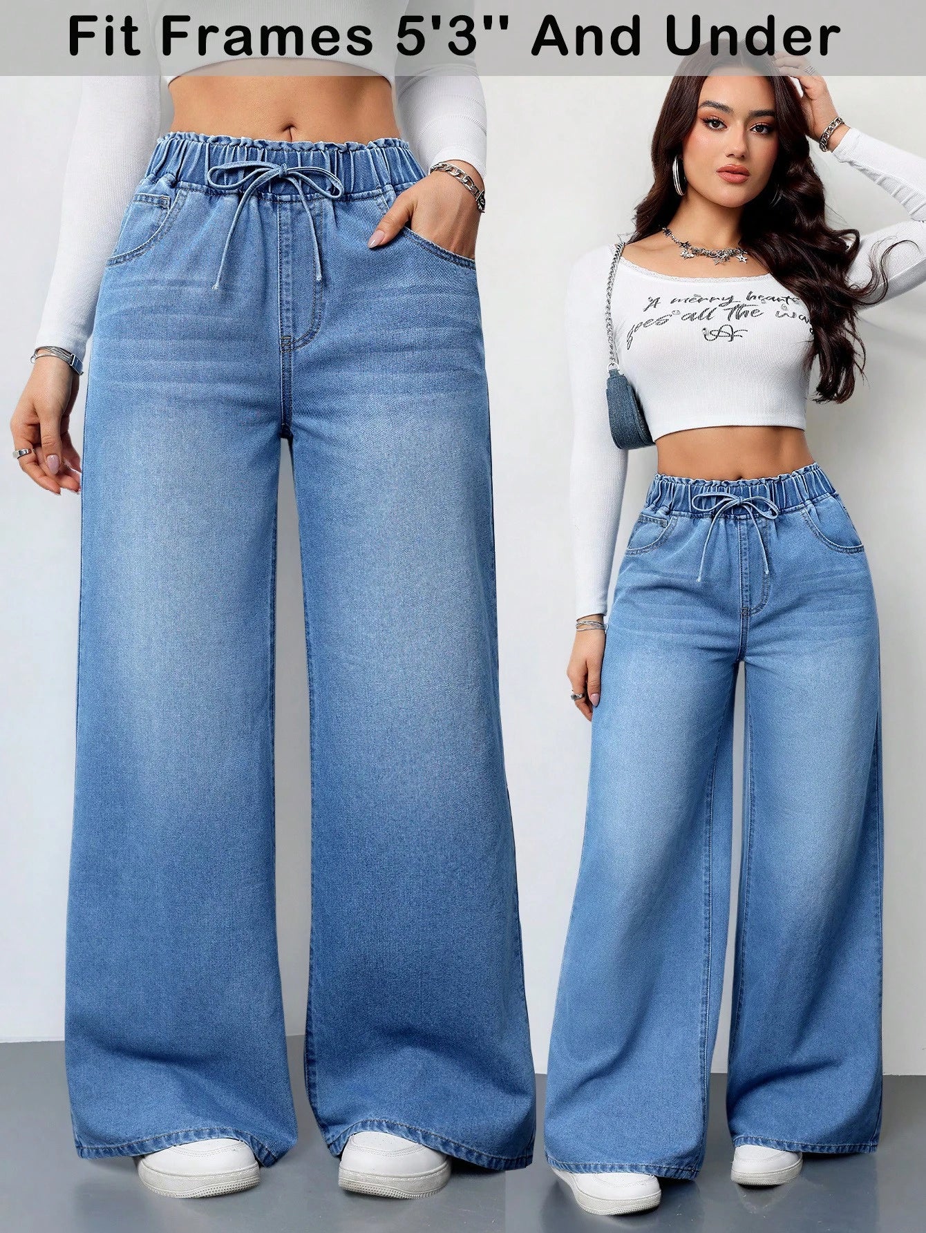 Women’s Wide-Leg Summer Jeans – Elastic Waist Comfortable Loose Fit Denim Pants with Pockets
