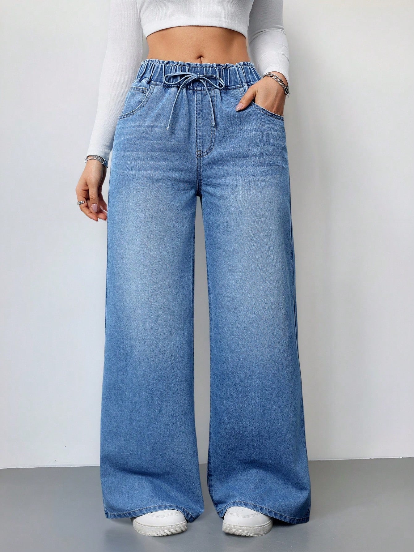 Women’s Wide-Leg Summer Jeans – Elastic Waist Comfortable Loose Fit Denim Pants with Pockets