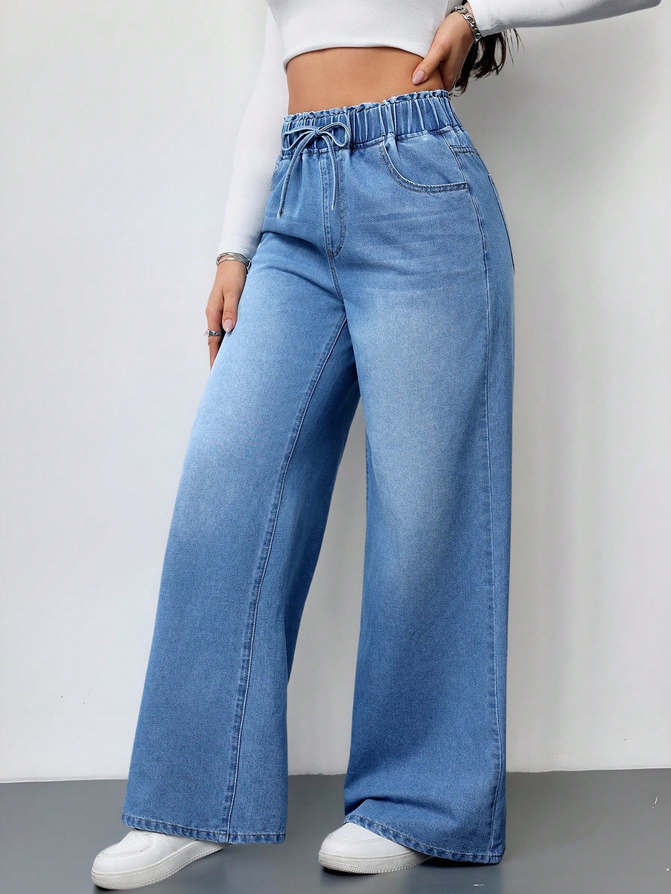Women’s Wide-Leg Summer Jeans – Elastic Waist Comfortable Loose Fit Denim Pants with Pockets