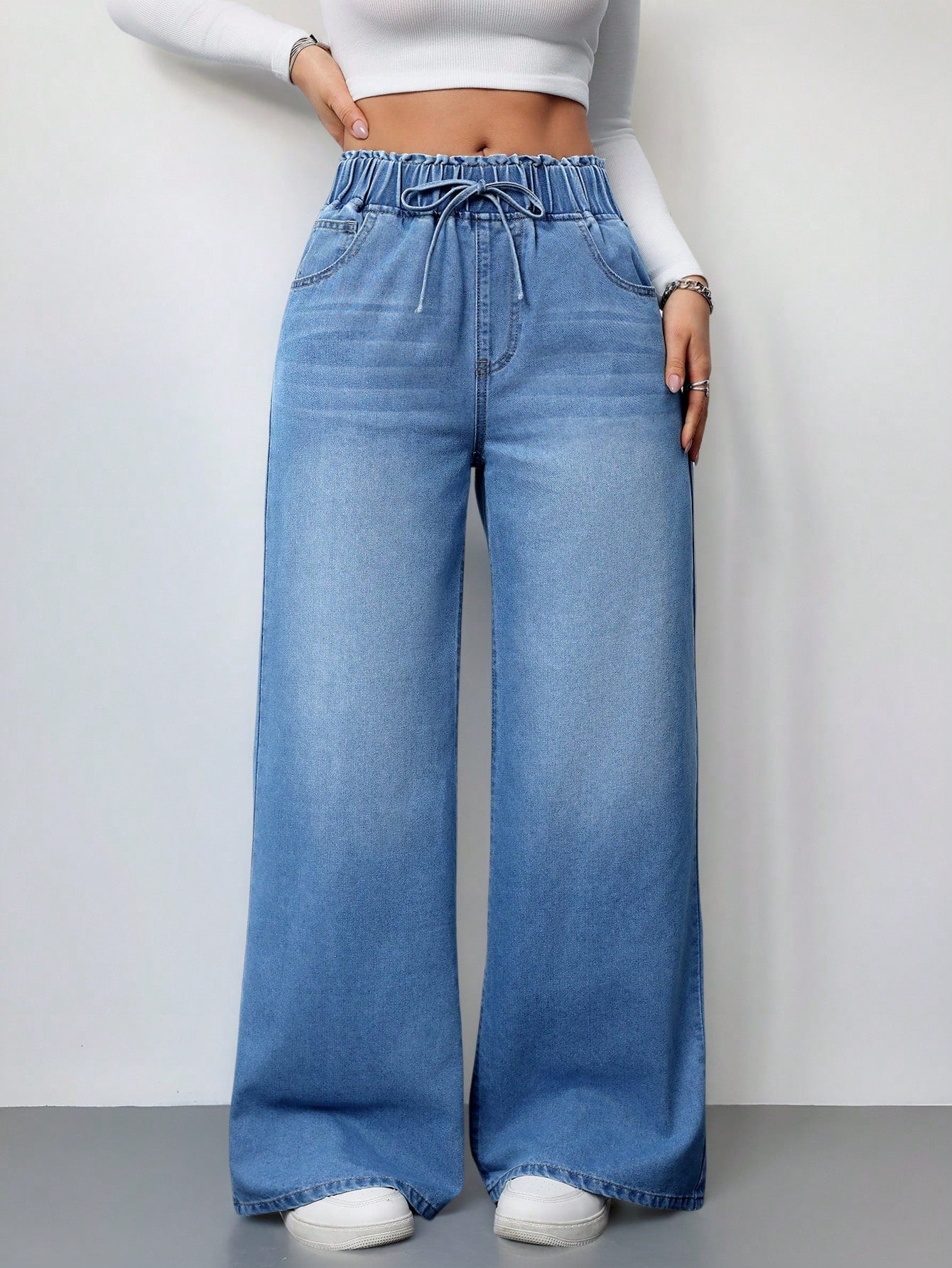 Women’s Wide-Leg Summer Jeans – Elastic Waist Comfortable Loose Fit Denim Pants with Pockets