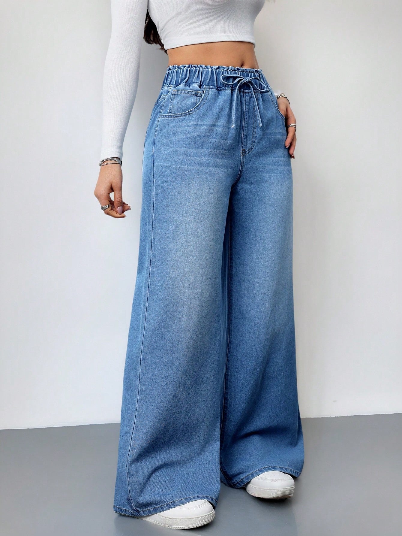 Women’s Wide-Leg Summer Jeans – Elastic Waist Comfortable Loose Fit Denim Pants with Pockets