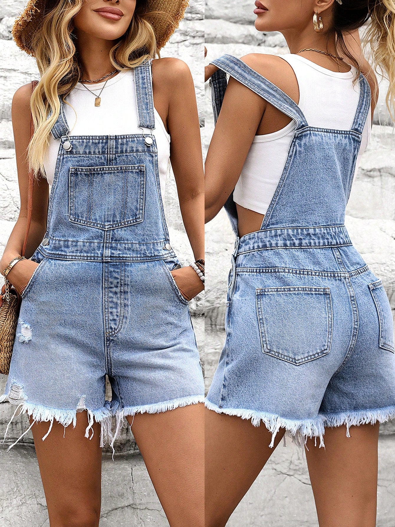 Women’s Distressed Denim Bib Shorts – Casual Pocketed Overall Shorts for Summer Streetwear