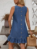 Women's Casual Denim Dress With Ruffle Hem And Round Neck, Sleeveless