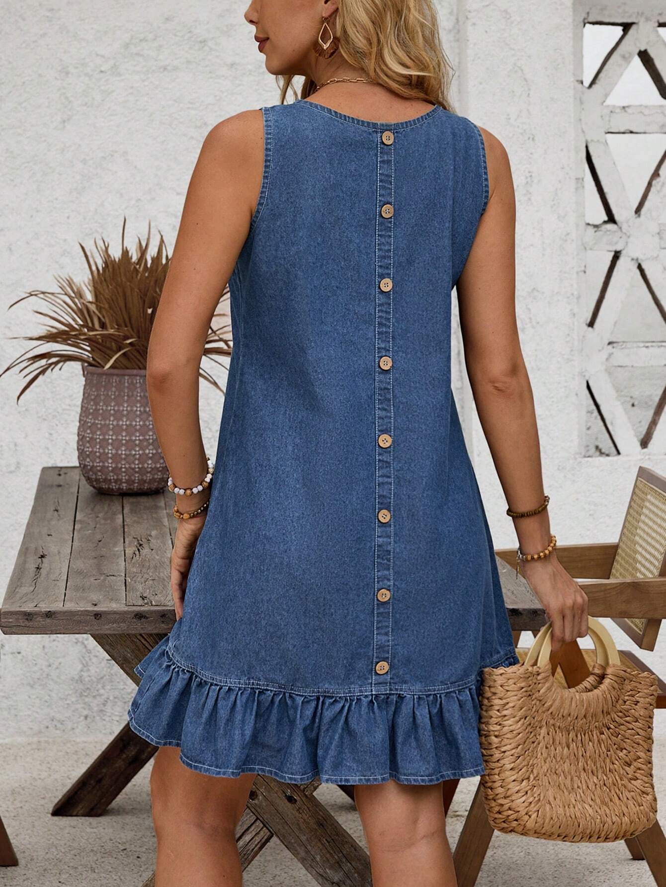 Women's Casual Denim Dress With Ruffle Hem And Round Neck, Sleeveless