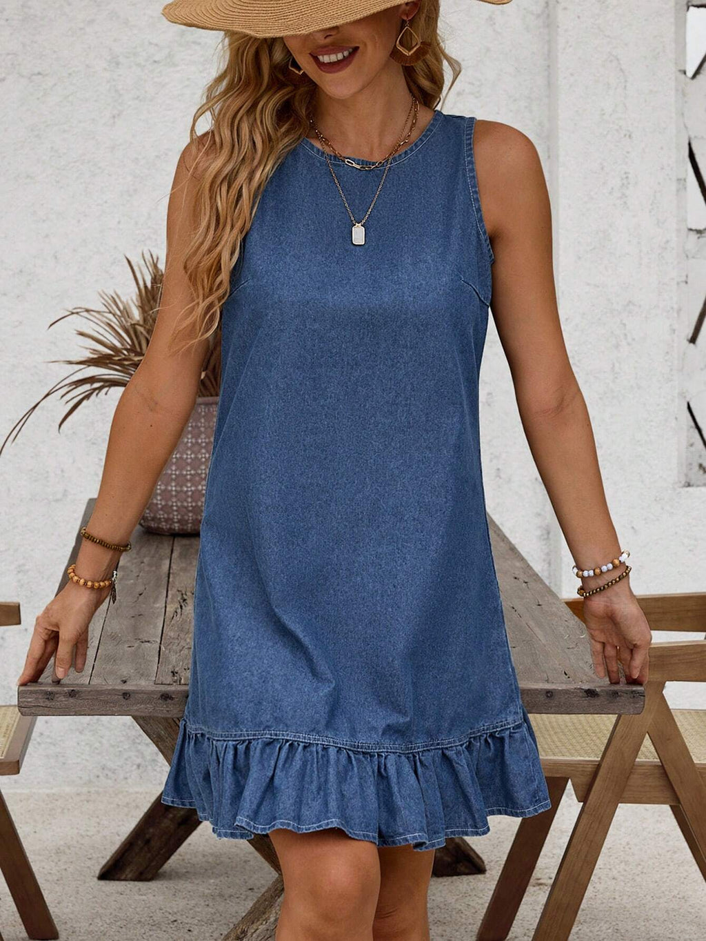 Women's Casual Denim Dress With Ruffle Hem And Round Neck, Sleeveless