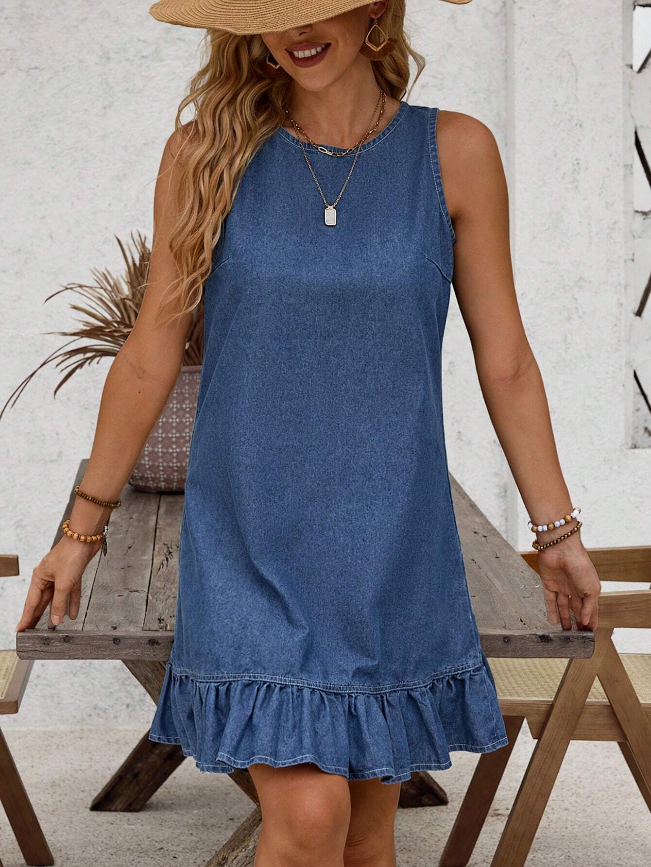 Women's Casual Denim Dress With Ruffle Hem And Round Neck, Sleeveless