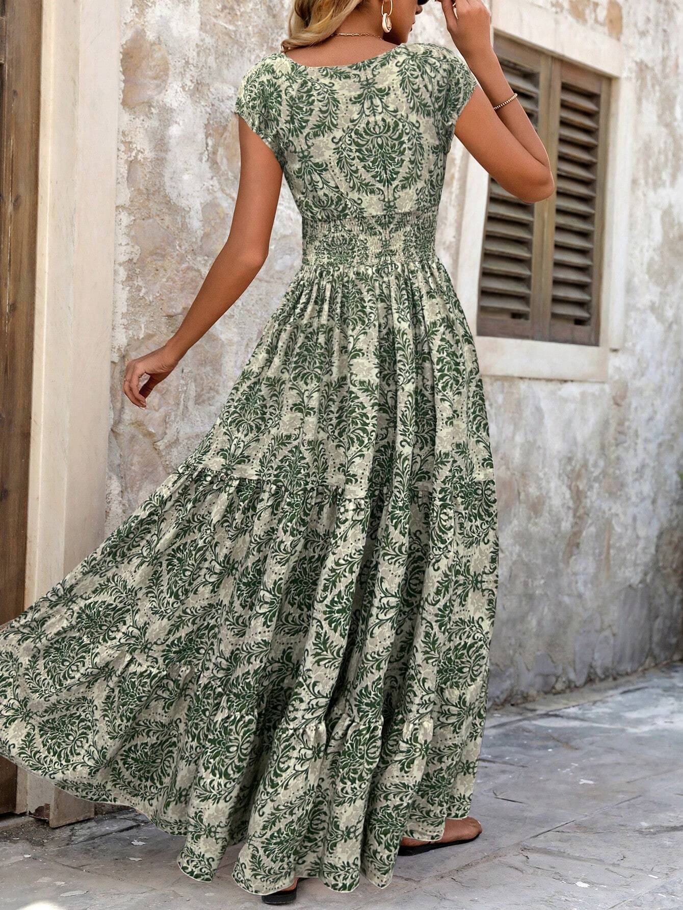 Women’s Casual Floral Print Ruffle Hem Dress – Spring/Summer Vacation Midi Dress
