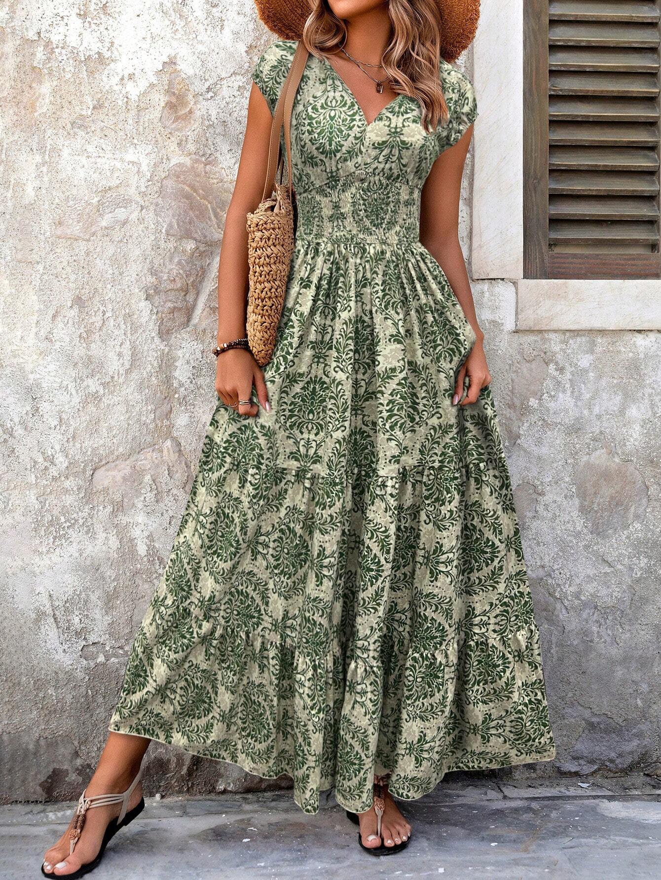 Women’s Casual Floral Print Ruffle Hem Dress – Spring/Summer Vacation Midi Dress