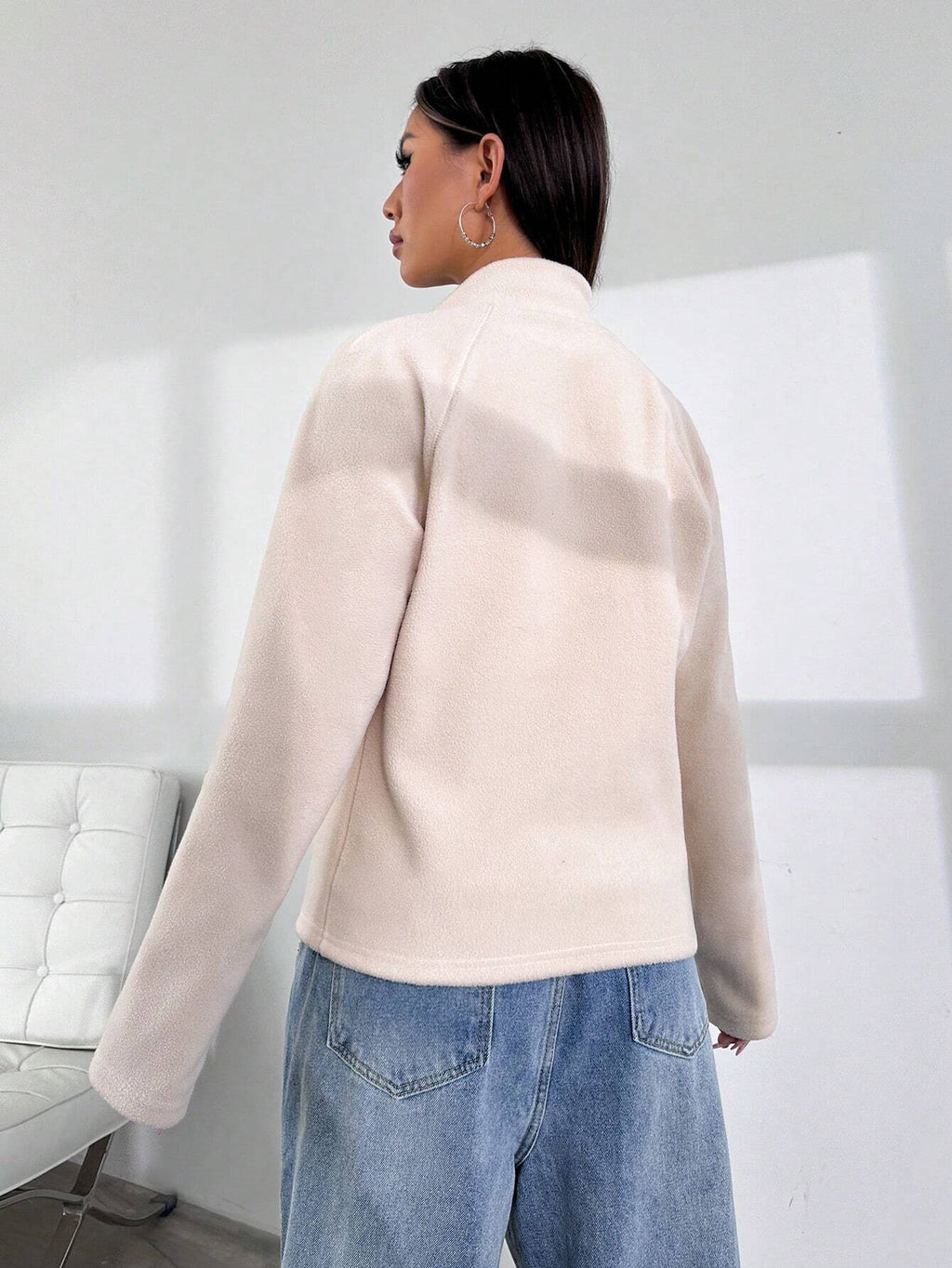 Women’s Fuzzy Stand Collar Jacket – Solid Color Raglan Sleeve Casual Warm Coat for Autumn