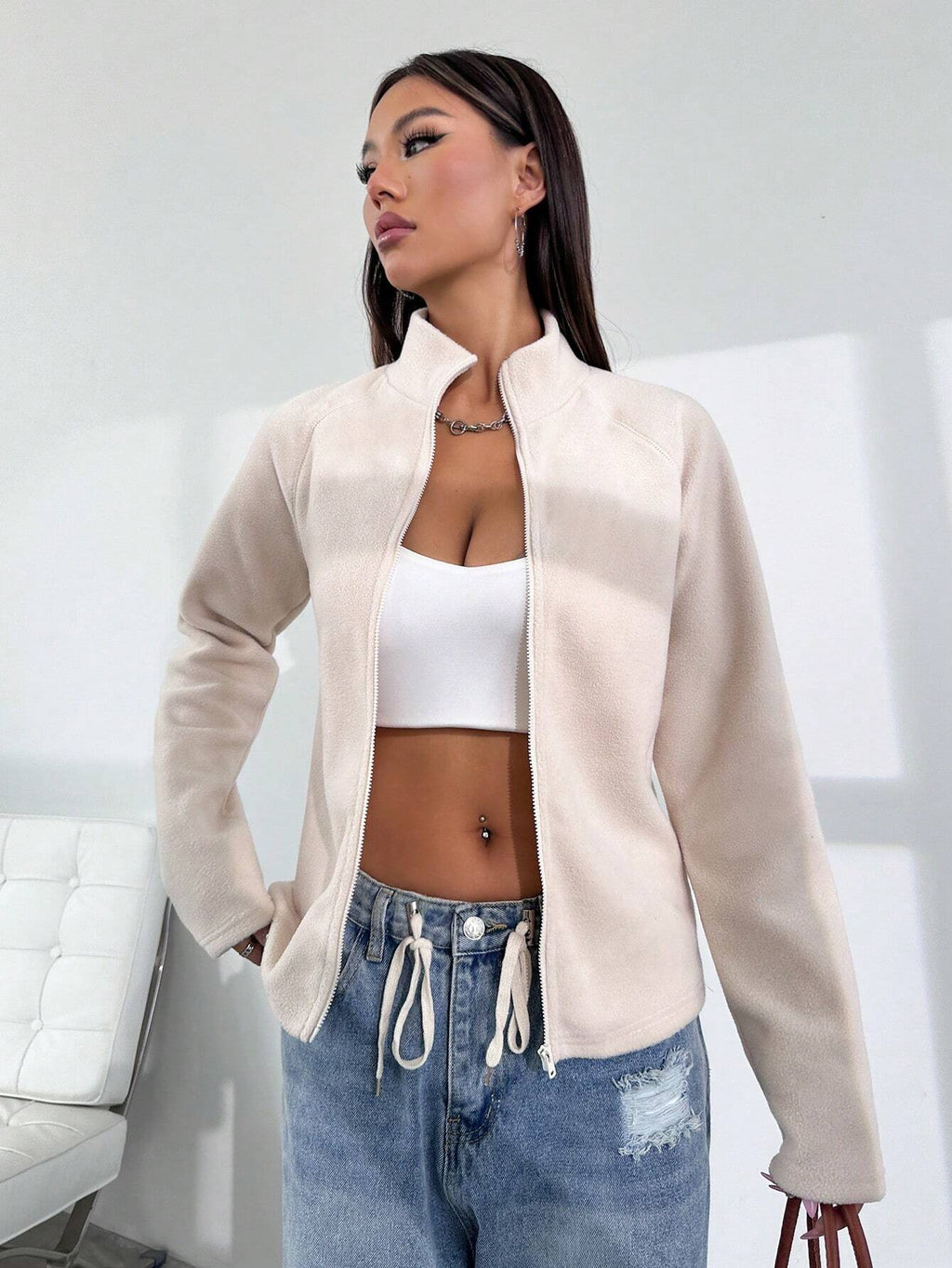 Women’s Fuzzy Stand Collar Jacket – Solid Color Raglan Sleeve Casual Warm Coat for Autumn