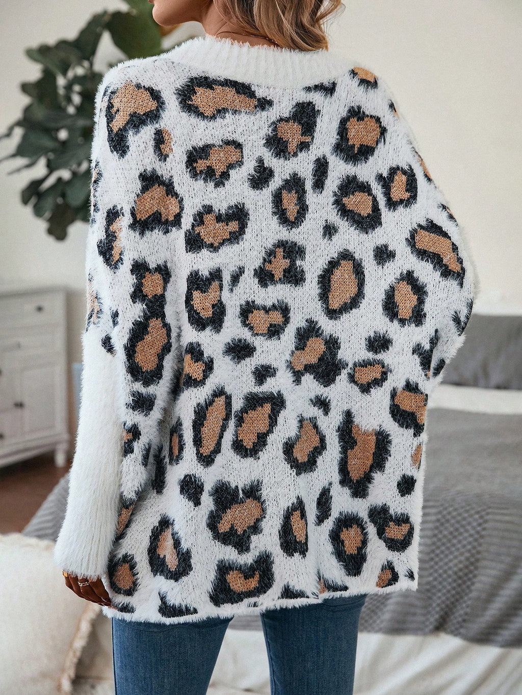 Women’s Leopard Print Batwing Cardigan – Open Front Casual Loose Fit Knit Jacket for Autumn/Winter