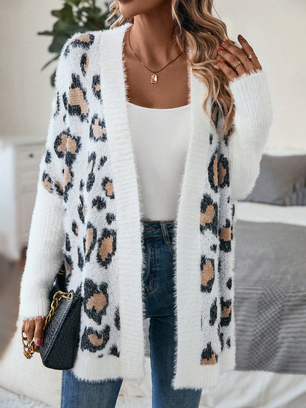 Women’s Leopard Print Batwing Cardigan – Open Front Casual Loose Fit Knit Jacket for Autumn/Winter