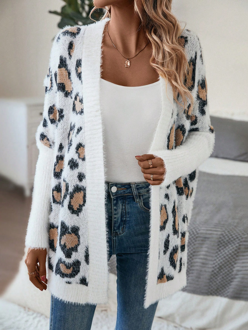 Women’s Leopard Print Batwing Cardigan – Open Front Casual Loose Fit Knit Jacket for Autumn/Winter