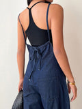 Women’s Loose Fit Denim Bib Jumpsuit – Casual Long Blue Overall Pants with Pockets