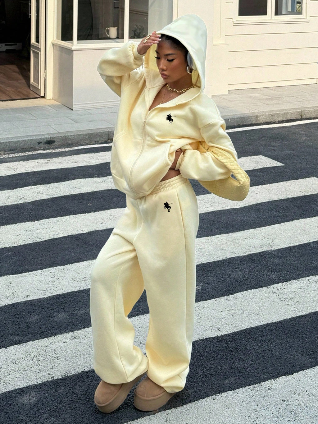 Women’s Casual 2-Piece Set – Loose Fit Zip-Up Long Sleeve Top & Wide Leg Pants Lounge Outfit