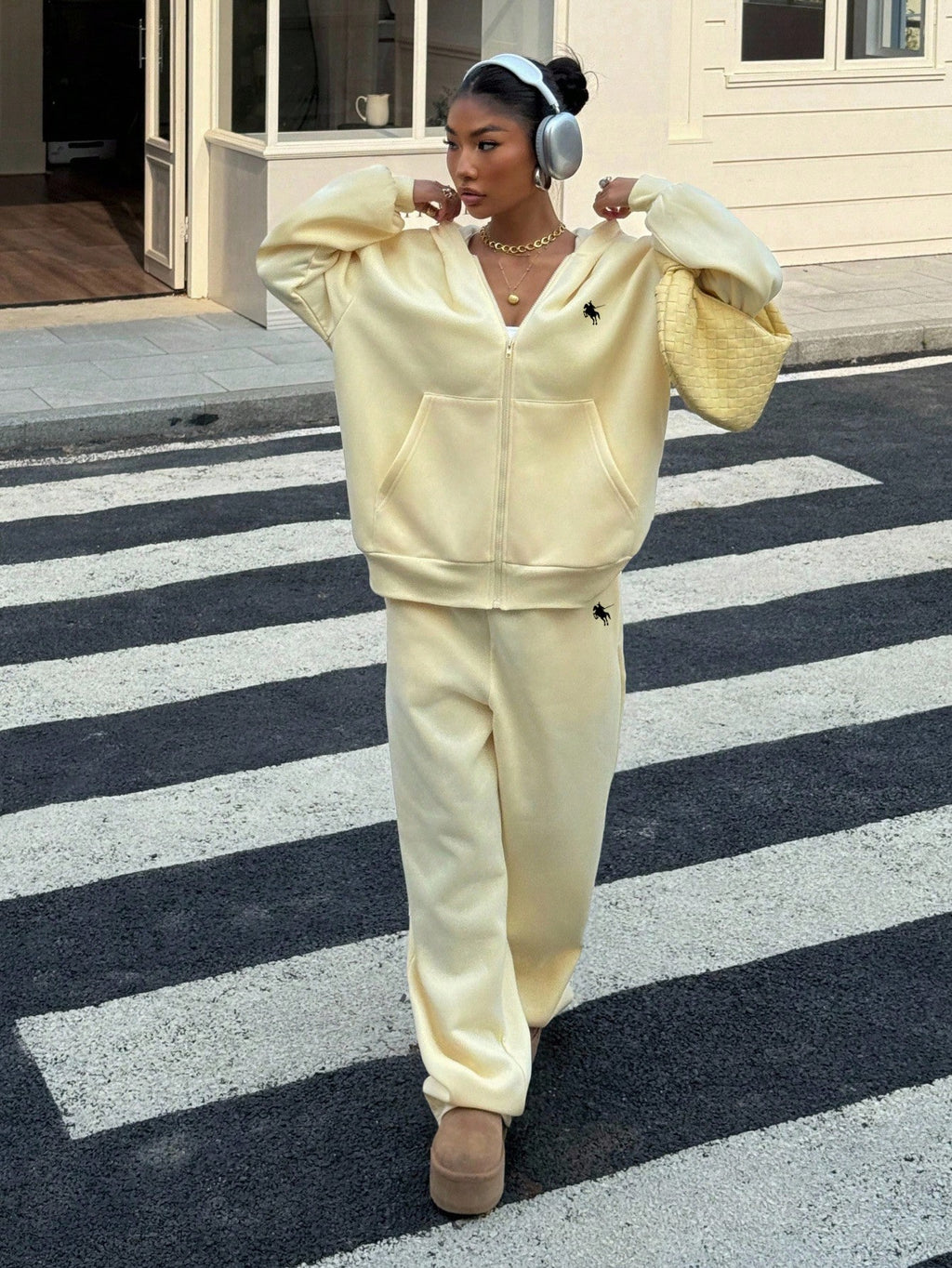 Women’s Casual 2-Piece Set – Loose Fit Zip-Up Long Sleeve Top & Wide Leg Pants Lounge Outfit
