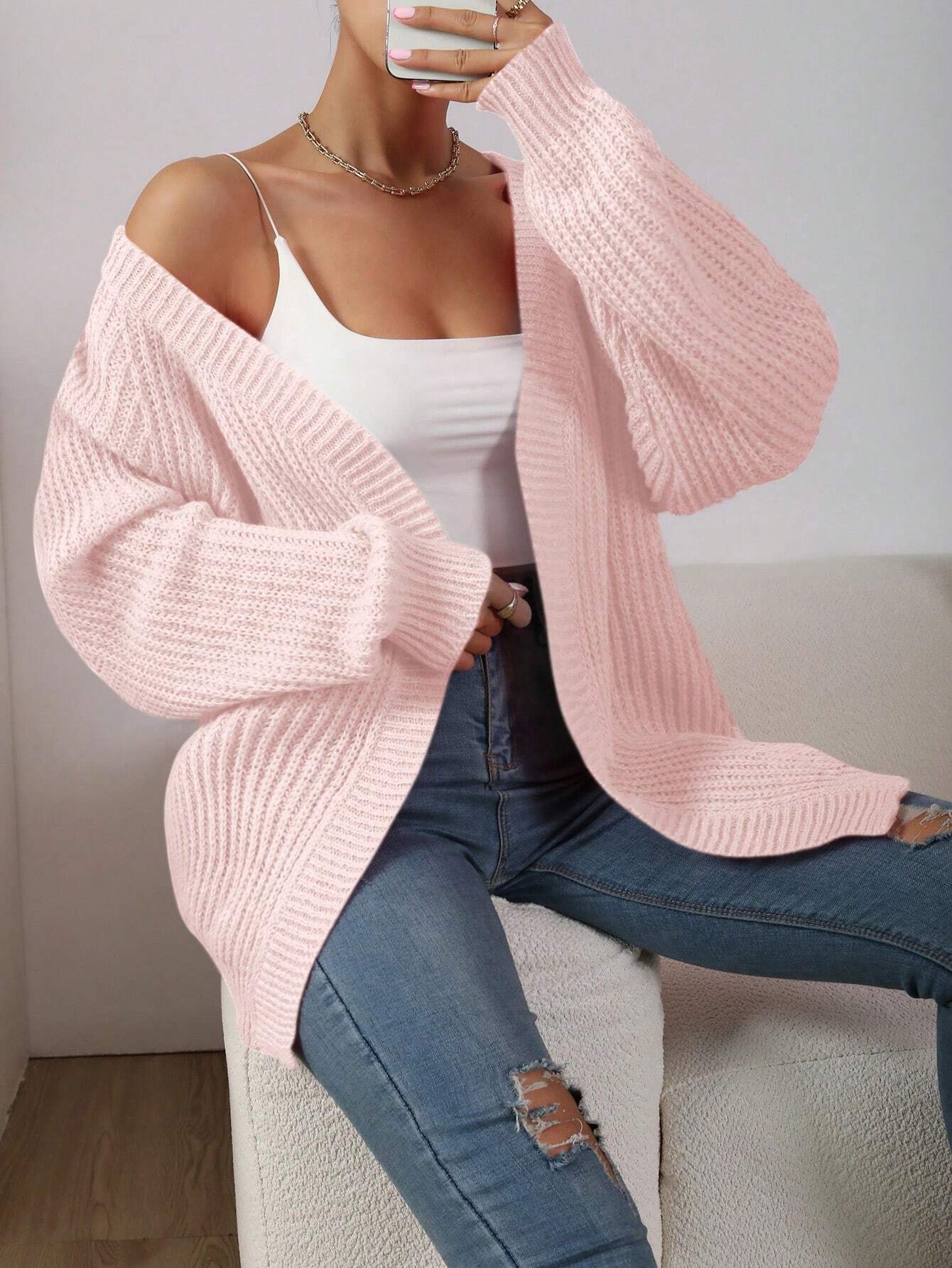 Women’s Solid Color Long Sleeve Cardigan – Casual Loose Fit Knit Sweater for Autumn/Winter