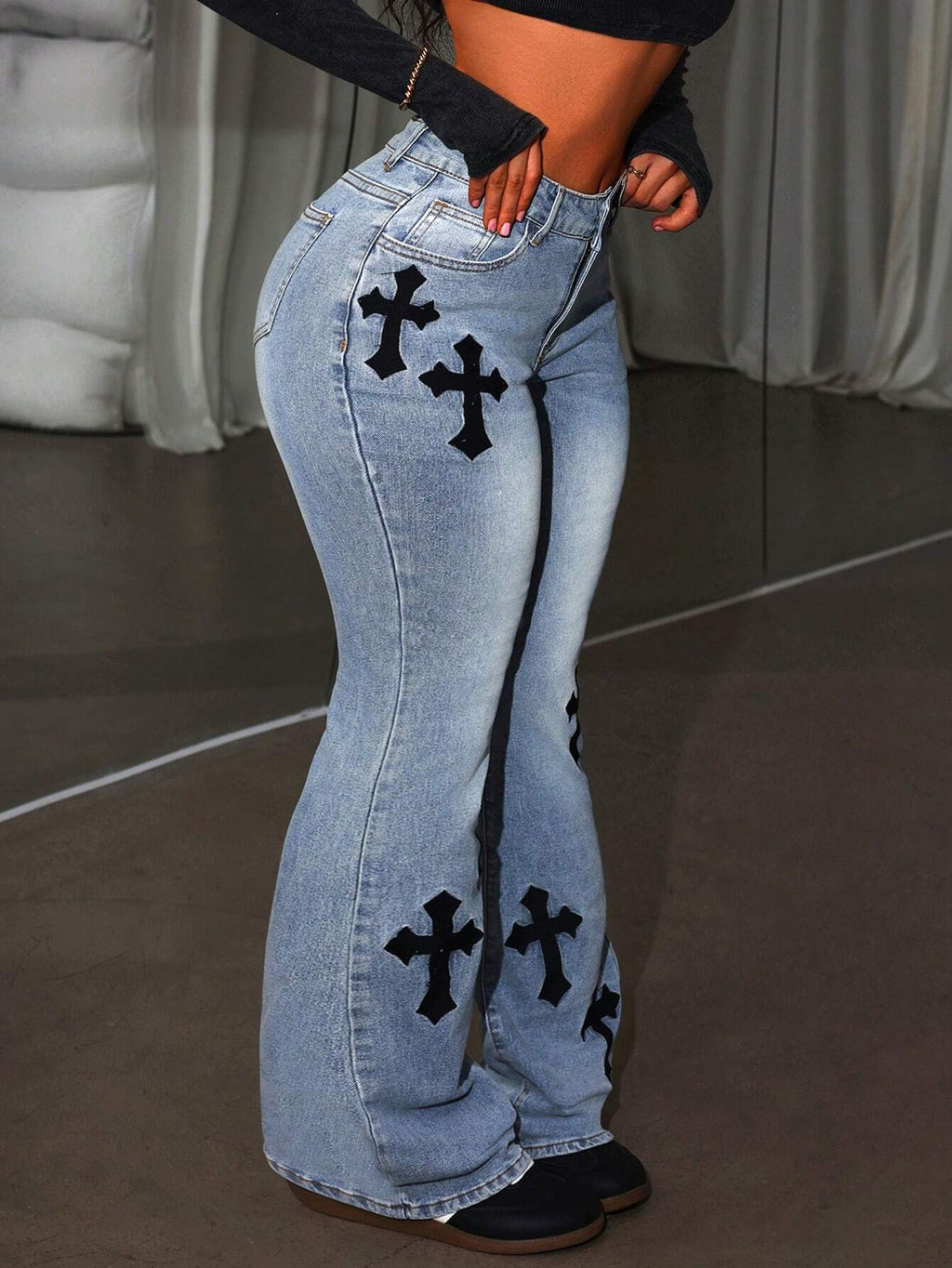 Women’s Casual Street Style Cross Embroidered Flare Jeans – High Waist Vintage Wide Leg Denim Pants