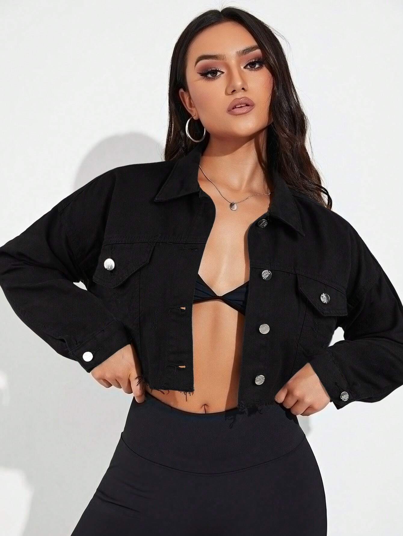 Women’s Cropped Denim Jacket – Drop Shoulder Long Sleeve Casual Jean Jacket for Spring & Autumn