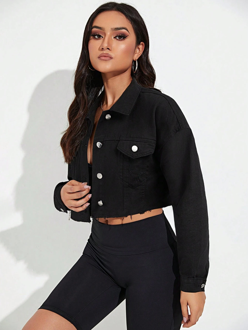 Women’s Cropped Denim Jacket – Drop Shoulder Long Sleeve Casual Jean Jacket for Spring & Autumn