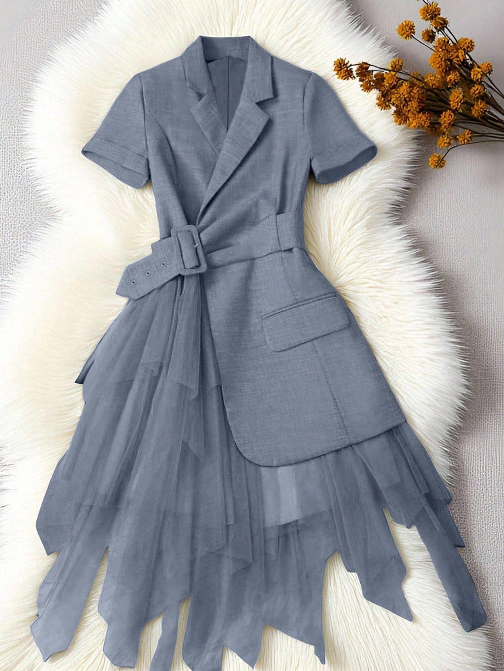 Women’s Elegant Lightweight Lapel Jacket – Mesh Patchwork Asymmetric Hem Belted Casual Summer Commuter Outerwear