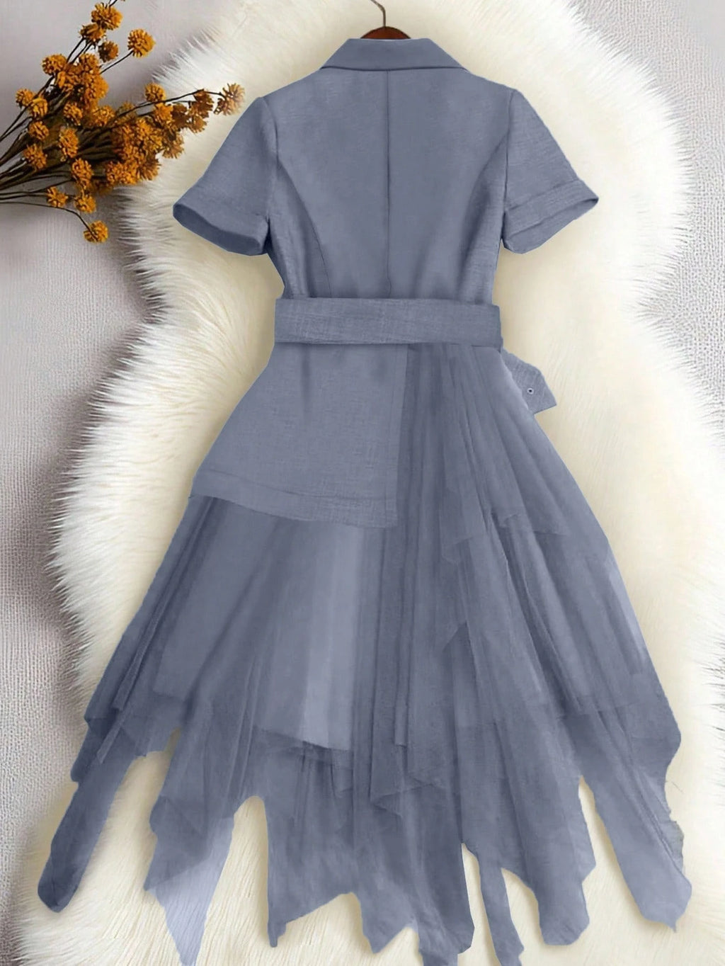 Women’s Elegant Lightweight Lapel Jacket – Mesh Patchwork Asymmetric Hem Belted Casual Summer Commuter Outerwear