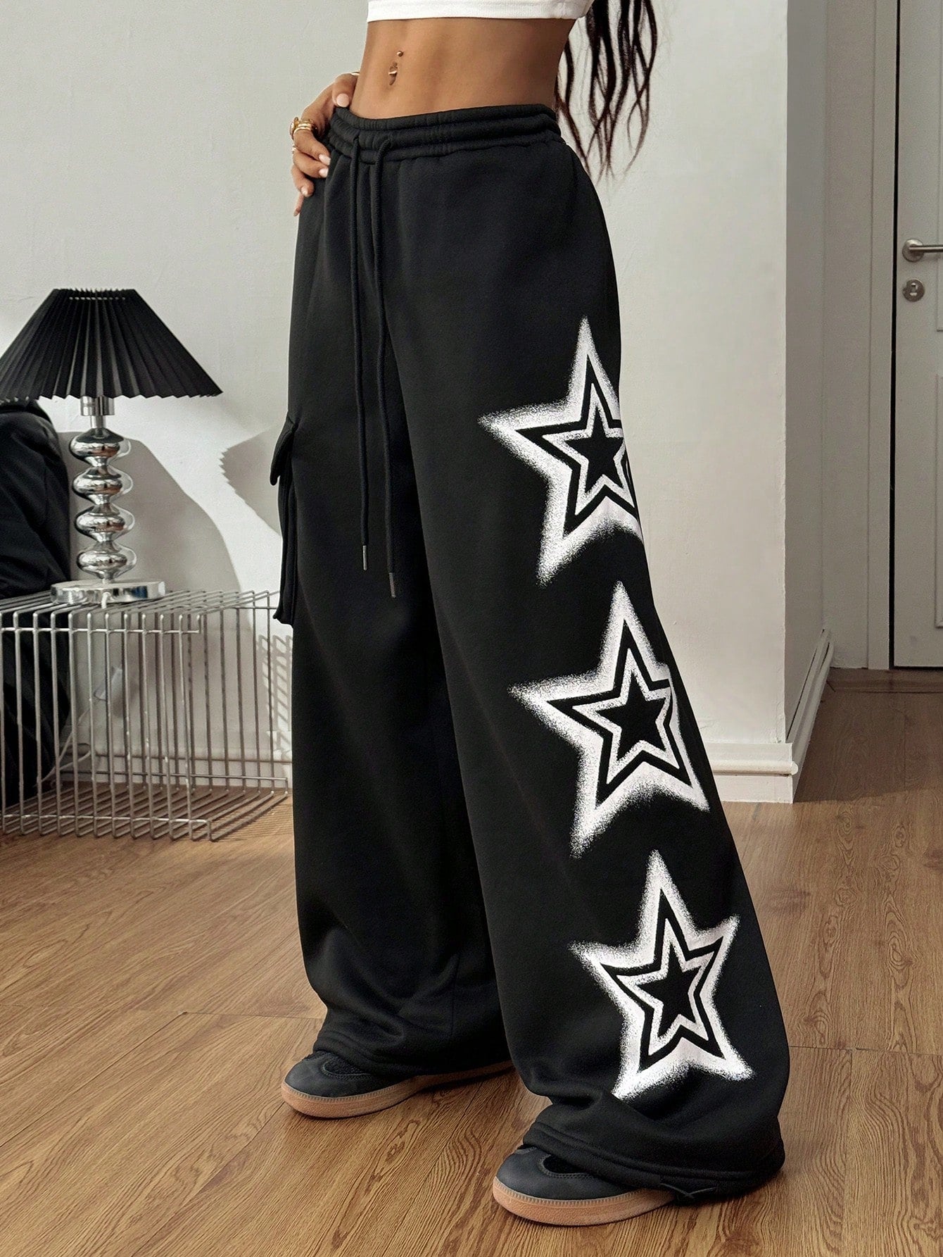 Women’s Star Pattern Fleece-Lined Sweater Pants – Baggy Wide Leg Winter Casual Lounge Trousers