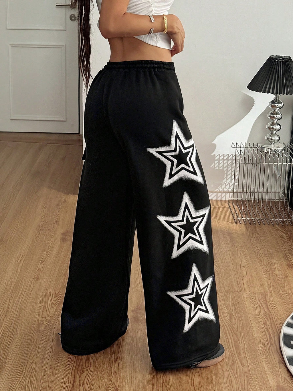 Women’s Star Pattern Fleece-Lined Sweater Pants – Baggy Wide Leg Winter Casual Lounge Trousers